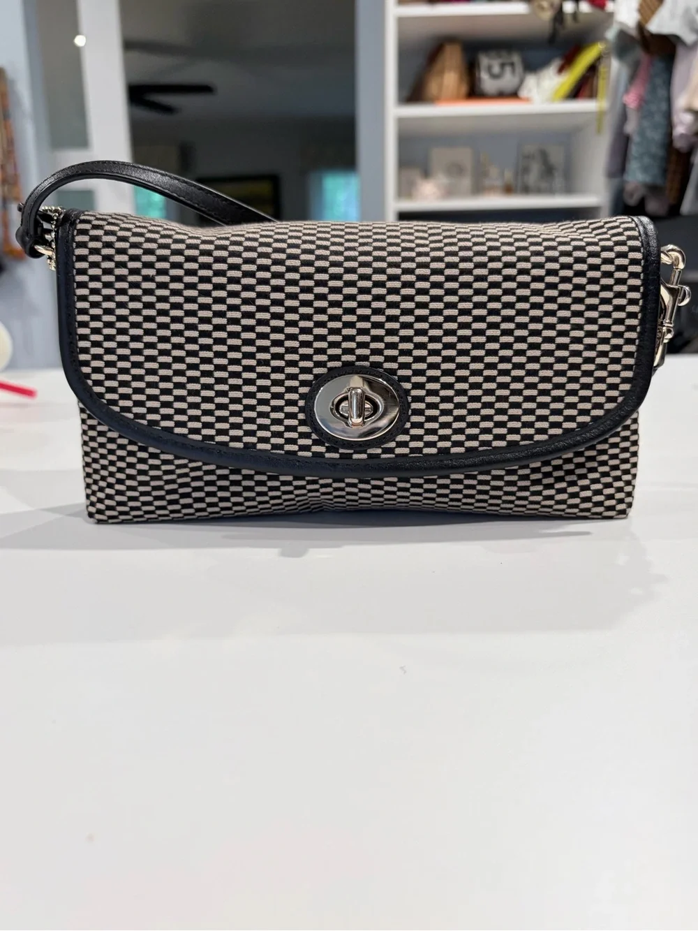 Coach Black & Cream Checker Mini Shoulder Bag with Turn-Lock